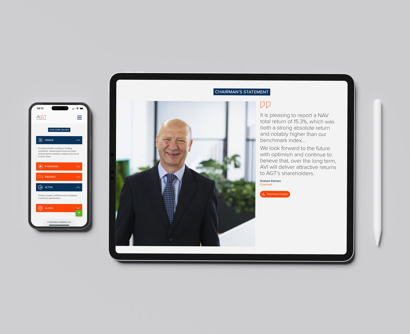 A smart phone and tablet showing sections of a website