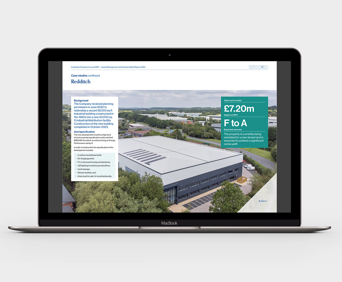 An open laptop showing a page from the report with copy, highlighted numbers and an aerial view of a warehouse