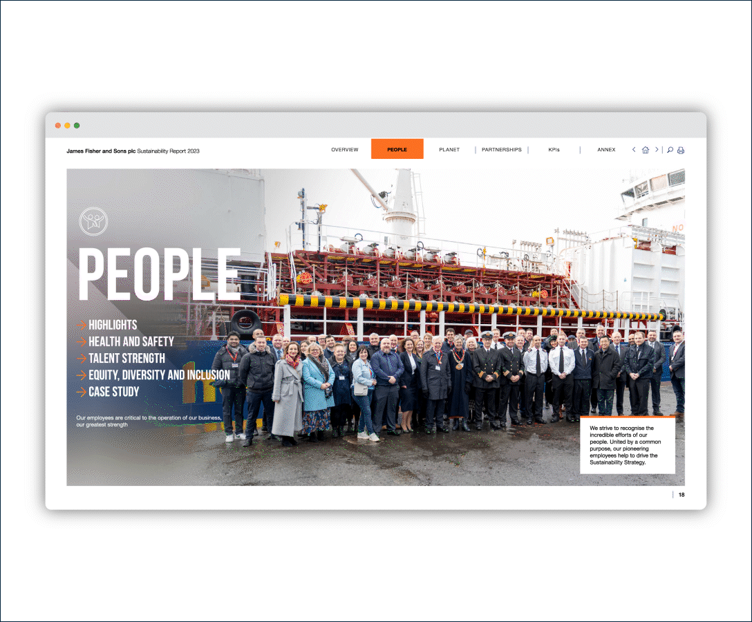 A page from a report showing an image of a group of people standing by a ship with the wording: People