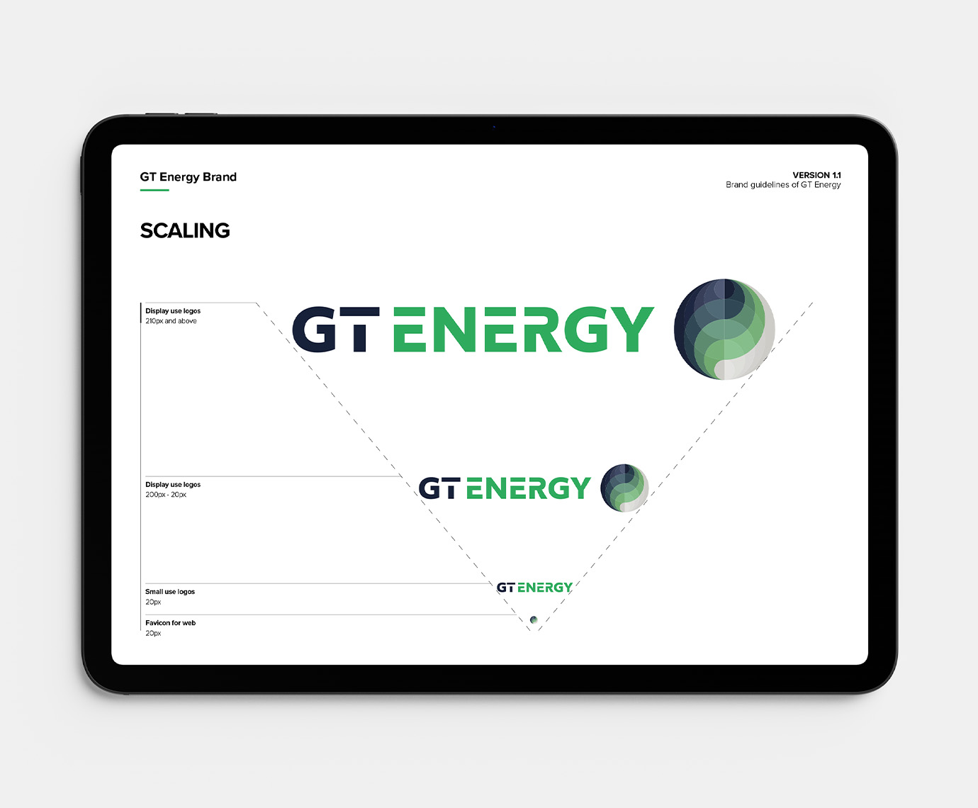 A computer tablet shows graphics of the GT Energy brand in various layouts