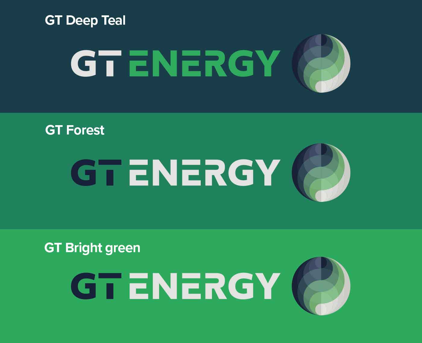 A graphic showing the GT Energy brand in various combinations of green