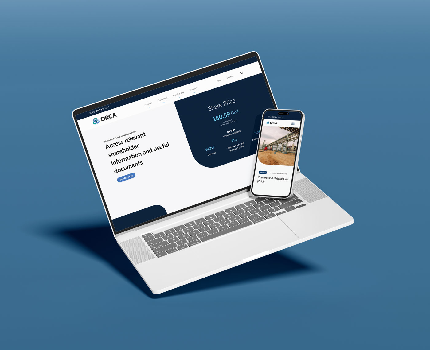 A laptop and mobile phone display pages from a website with graphics and imagery