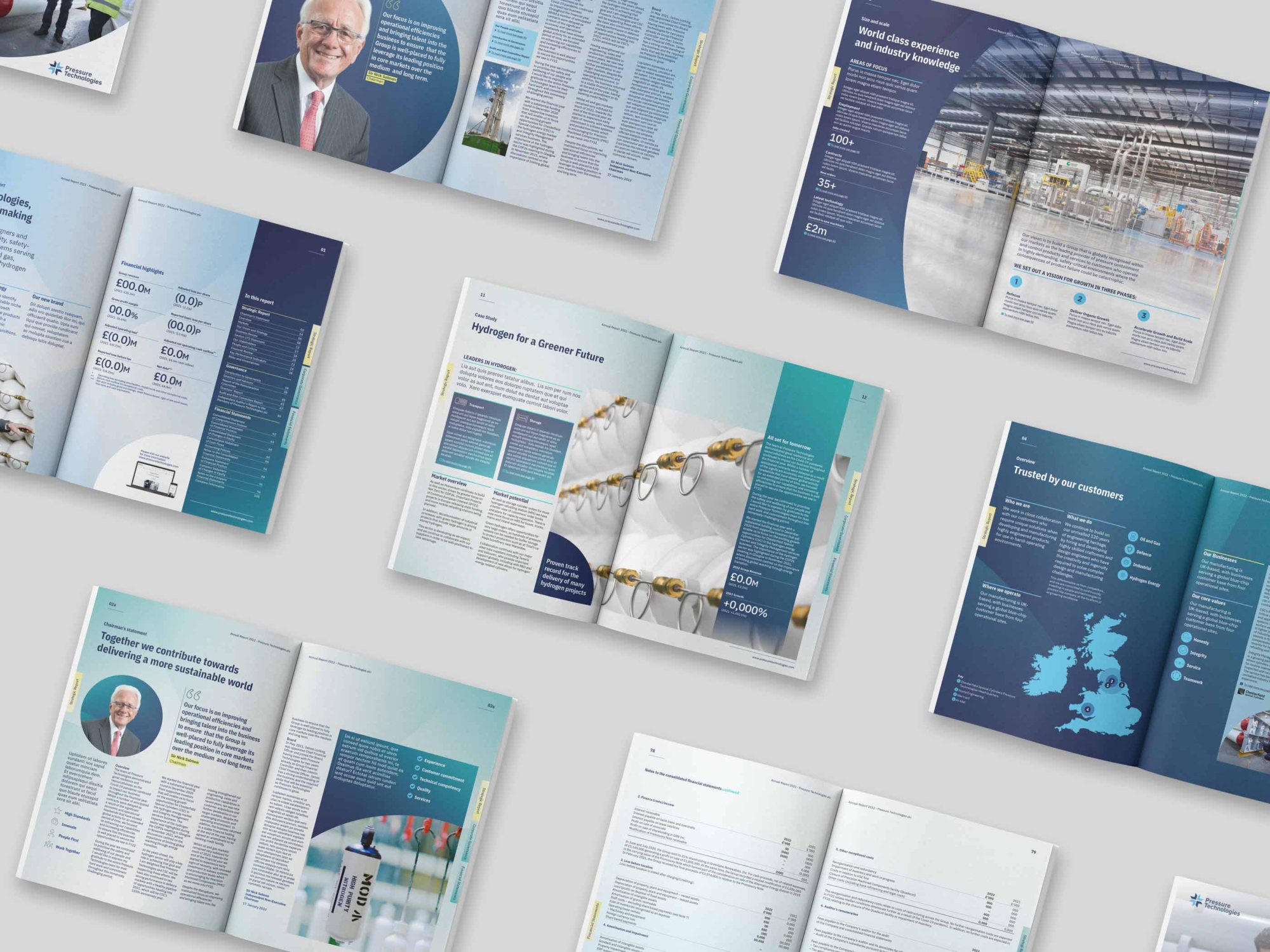 A table of an Annual Reports showing different layouts for graphics and imagery